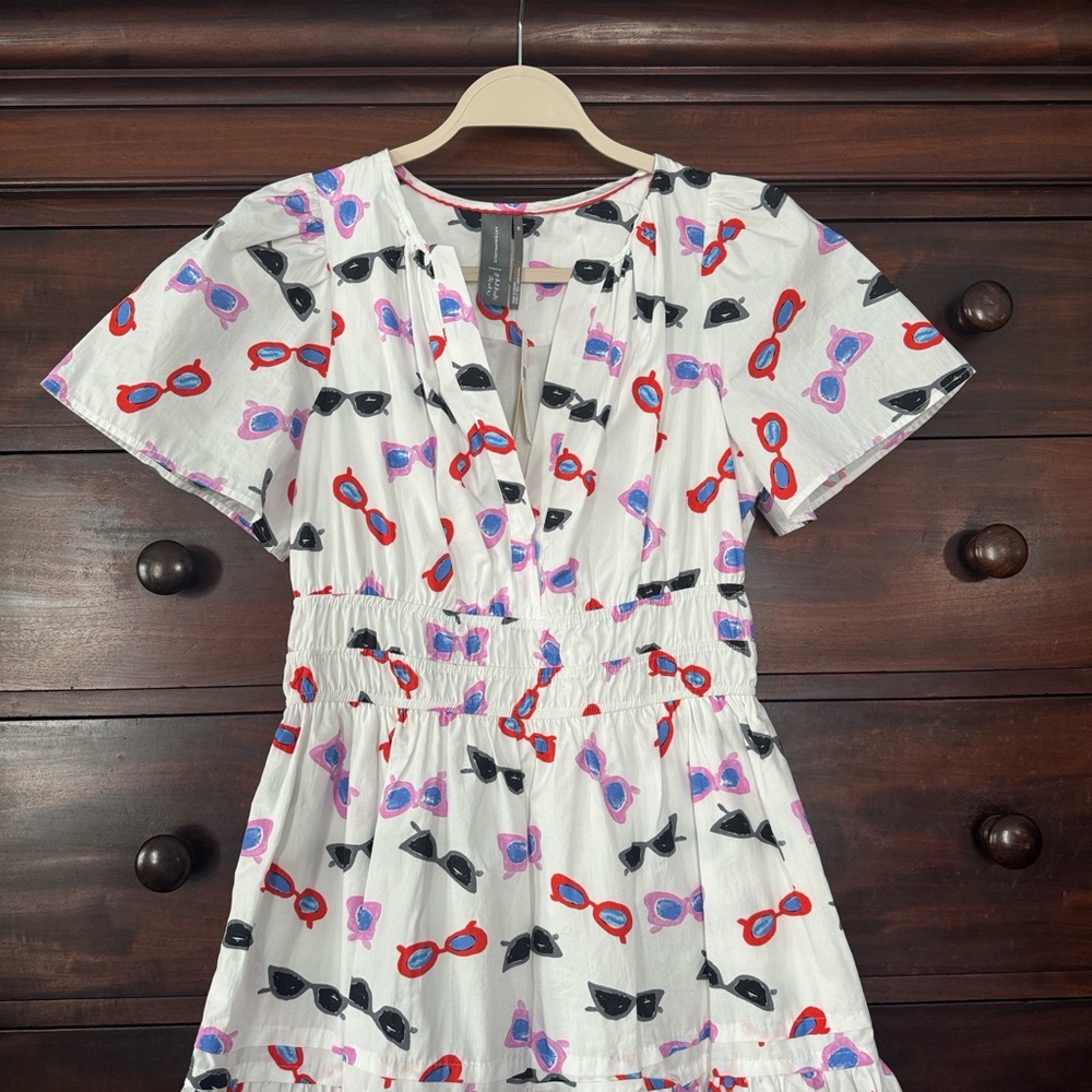 Anthropologie White Dress with Vibrant Sunglasses Print